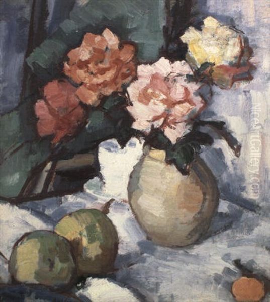 Mixed Roses In A Brown Vase With A Cup, Saucer And Apples - view 1
