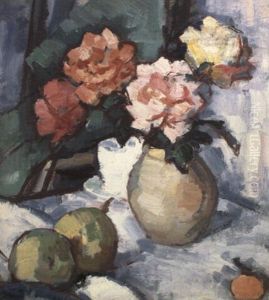 Mixed Roses In A Brown Vase With A Cup, Saucer And Apples by Samuel John Peploe