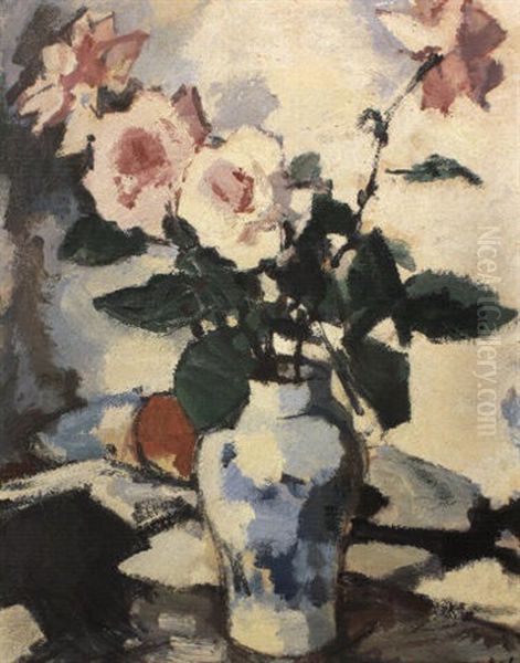 Pink Roses In A Blue And White Vase With A Fan And Apple - view 1
