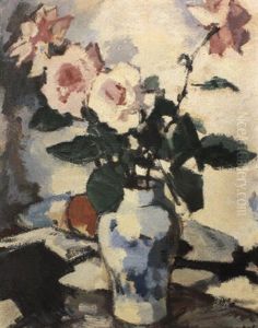 Pink Roses In A Blue And White Vase With A Fan And Apple