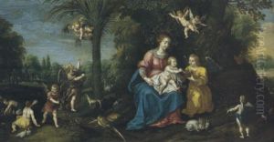 Maria Mit Kind In Einer Landschaft Mit Engeln Und Tieren by Marten Pepyn