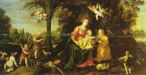 The Virgin And Child In A Paradise Landscape With Angels Gathering Flowers by Marten Pepyn