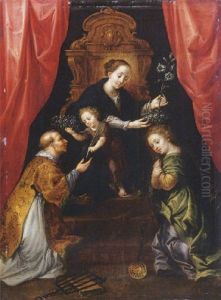 The Madonna And Child Enthroned, Adored By Saint Lawrence And Saint Martha by Marten Pepyn