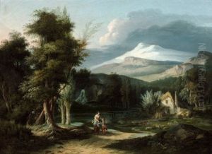 Bergers Pres D'un Lac Dans Un Paysage De Montagne by Pierre Pequignot