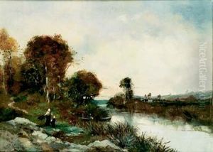 Fagotiere Et Son Enfant Au Bord De La Riviere by Paul Emmanuel Peraire