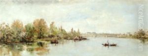 A View Of The Seine With Figures In Rowboats And A Bridge