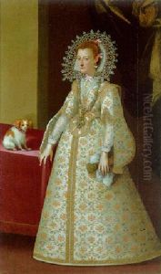 Portrait Of A Lady, Full Length, In A White And Gold Dress And Jewelled Collar Holding Gloves, Dog Nearby