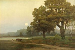 Cattle By A Pond At Sunset by Carl Von Perbandt