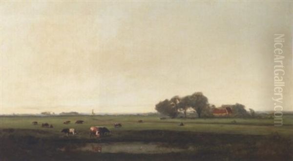 Cows Watering At A Pond In An Extensive Landscape - view 1
