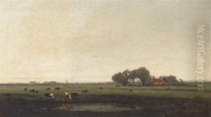Cows Watering At A Pond In An Extensive Landscape by Carl Von Perbandt