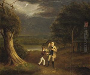 Benjamin Franklin And Boy Flying A Kite In A Landscape by John Samuel Blunt