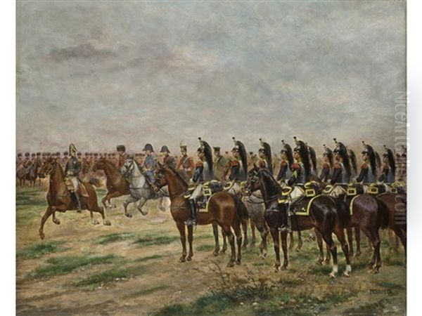 Spalier Der Franzosischen Kavallerie Beim Vorbeitritt Eines Generals Im Gefolge Von Hohem Militar Zu Pferde - view 1