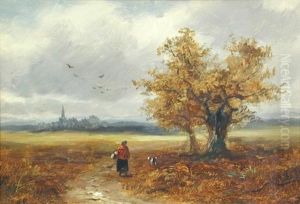Woman On A Country Path With Her Dog, A Cathedral Town In The Background by Herbert Sidney Percy