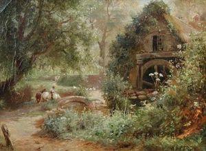 Carthorses Watering At A River By A Watermill