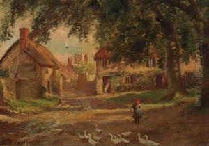 Young Girl And Ducks In A Farmyard by Herbert Sidney Percy