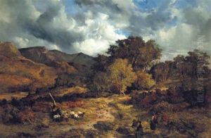 An Upland Landscape With Two Children Playing With A Dog Near A Small Flock Of Sheep