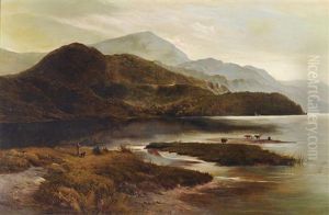 Cattle Watering In A Highland Landscape With A Figure Looking On
