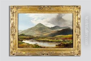 Fine Sunlit Mountain Landscape With River, Cattle Watering And Figures Harvesting