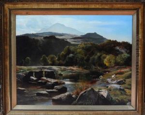 River Landscape In Wales With Cattle And Figures By An Old Stone Bridge by Sidney Richard Percy