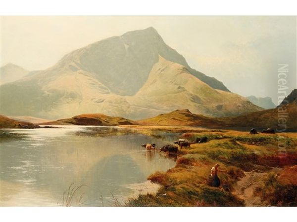 Cattle Watering At A Lake With Figures In The Foreground And A Mountain Beyond - view 1