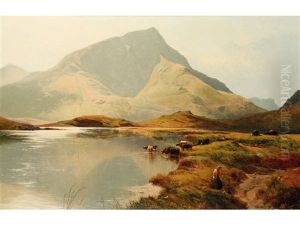 Cattle Watering At A Lake With Figures In The Foreground And A Mountain Beyond