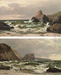Waves Crashing On The Coast At Dusk (+ A Boy With His Dog Playing In The Surf; Pair) by Sidney Richard Percy