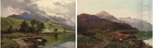 Angling At Sunset, Llyn Orthill, North Wales (+ Cattle Watering, Llyn Orthill, North Wales; 2 Works) by Sidney Richard Percy