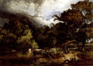A Pastoral Landscape With Cattle Watering And Figures With A Fishing Rod And Their Catch In The Foreground Under A Threatening Sky by Sidney Richard Percy