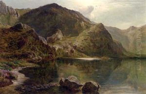 Heron By A Lake, With A Mountainous Landscape Beyond by Sidney Richard Percy