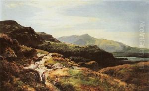 Figures And Cattle On A Country Path, A Mountainous Landscape Beyond by Sidney Richard Percy