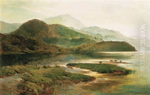 A Mountainous Landscape With Cattle Watering - view 1