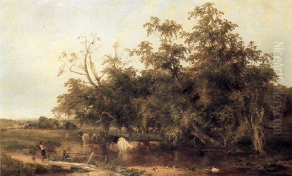 Extensive Landscape With Cattle Watering, A Young Girl And Ducks In The Foreground - view 1