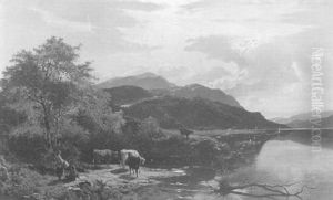 River Landscape With Figures On Shore And Cattle Watering by Sidney Richard Percy