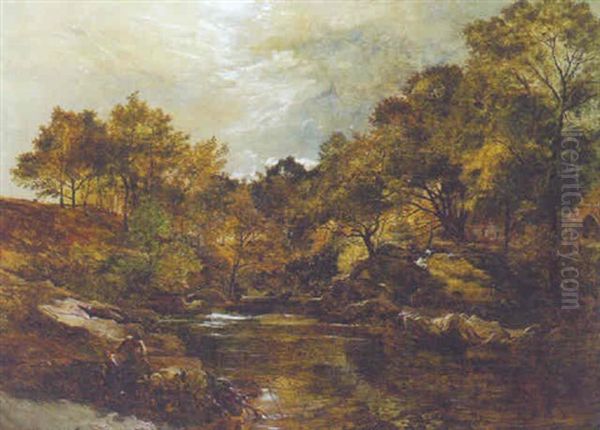 Figures In A Wooded River Landscape, A Cottage Beyond - view 1