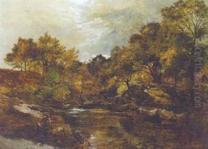 Figures In A Wooded River Landscape, A Cottage Beyond by Sidney Richard Percy