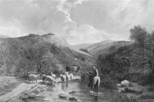 Sheep And Cattle With Their Herder Resting At A Stream, Capel Curig, North Wales - view 1