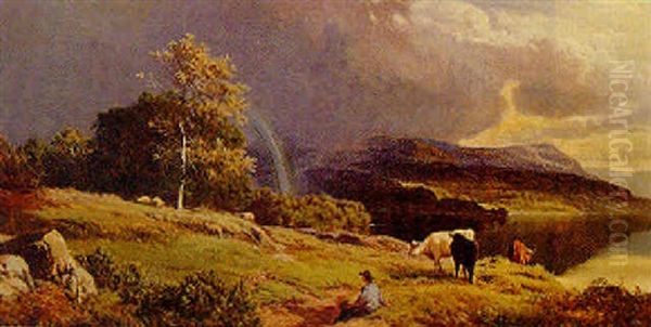 A Drover And Cattle In A Mountainous Lake Landscape - view 1