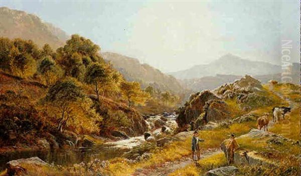 Figures With Cattle By A Mountainous Stream - view 1