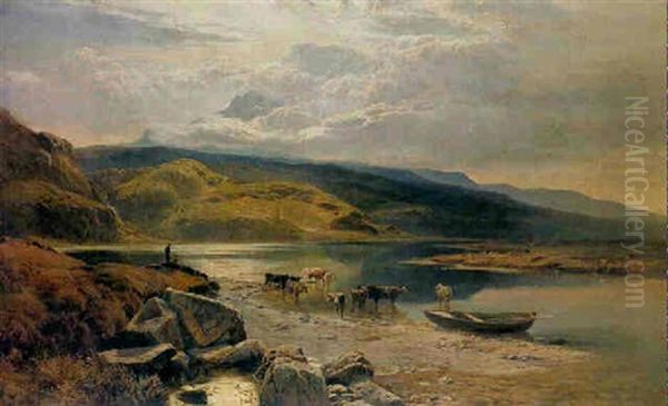 Cattle Watering In A Mountainous River Landscape - view 1
