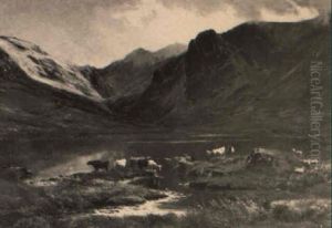 Cattle And Sheep By A Highland Loch, Evening by Sidney Richard Percy