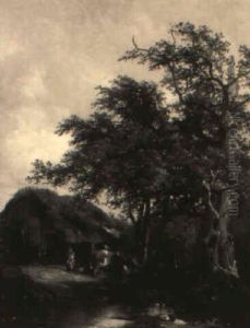Rustic Scene With A Woman Milking By A Pond