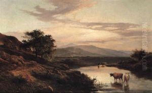 Highland Loch Landscape With Cattle Watering by Sidney Richard Percy