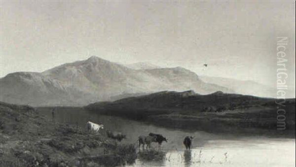 Angler And Cattle By A River - view 1