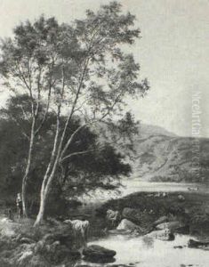 Figures And Cattle In A Lakeland Landscape, Believed To Be  Loch Tay by Sidney Richard Percy