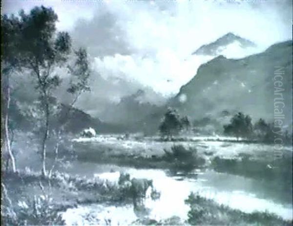 A Mountainous River Landscape With Cattle Watering On A Bank - view 1