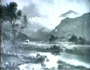 A Mountainous River Landscape With Cattle Watering On A Bank by Sidney Richard Percy