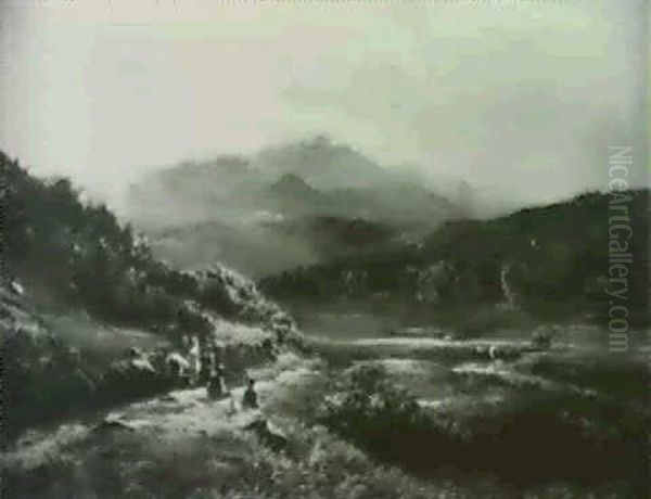 Young Travellers And Pony Resting In A Extensive Highland   Landscape With Flock And Cattle Grazing - view 1
