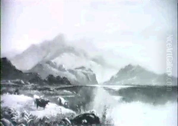 A Highland Loch Landscape With Cattle On A Bank - view 1