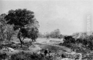 Wooded Landscape With Anglers And Cattle