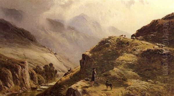A Highland River Landscape With A Shepherd And His Dog In The Foreground - view 1